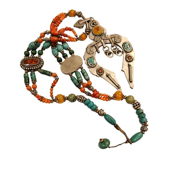 Tibetan Ornate Turquoise and Coral Necklace - Picture 4 of 5